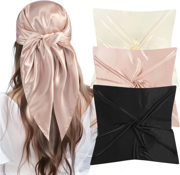 35” Large Square Satin Head Scarf - 3Pcs Silk Like Head Scarves Silk Bandana Satin Hair Scarf Head Wraps For Women