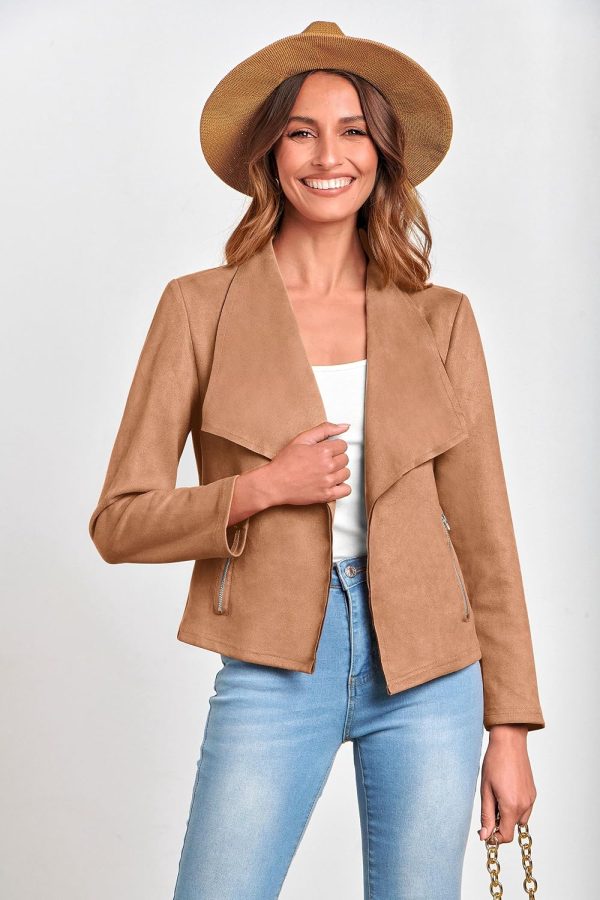 Women's Faux Suede Jackets 2025 Fashion Fall Clothes Long Sleeve Open Front Cropped Coat Outwear - Image 7